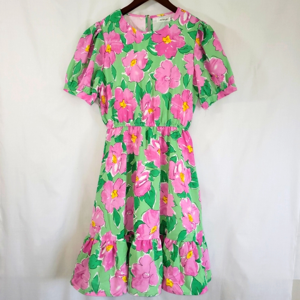 Estella Green Pink Floral Short Sleeve Knee Length Dress S